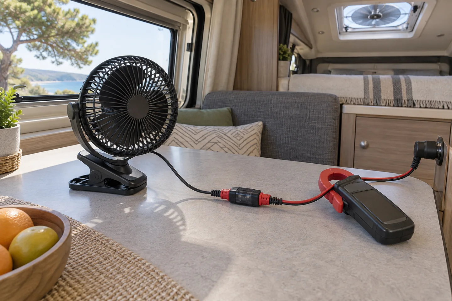 Medición segura del consumo de un ventilador de 12 V en una camper