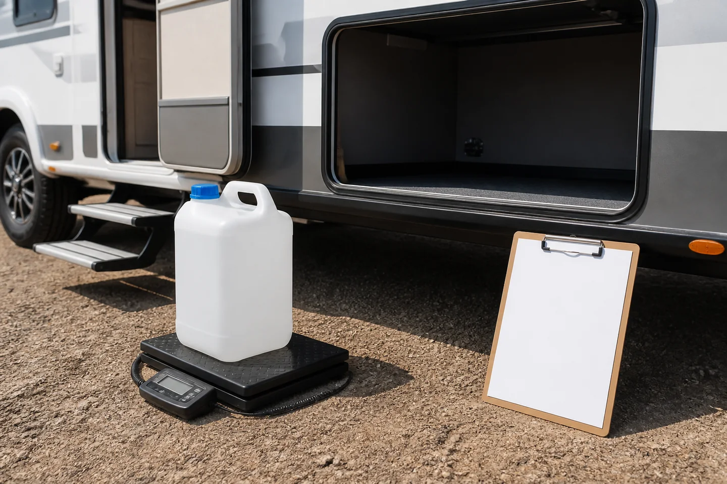 Depósitos de agua limpia sujetos en el compartimento de una camper